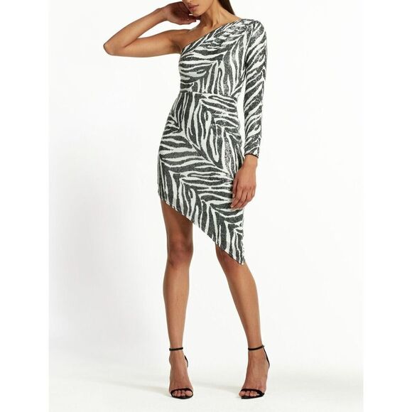 SHO by Tadashi Shoji Sz Small Zebra Print Gigi Asymmetrical Cocktail Dress - Picture 1 of 15